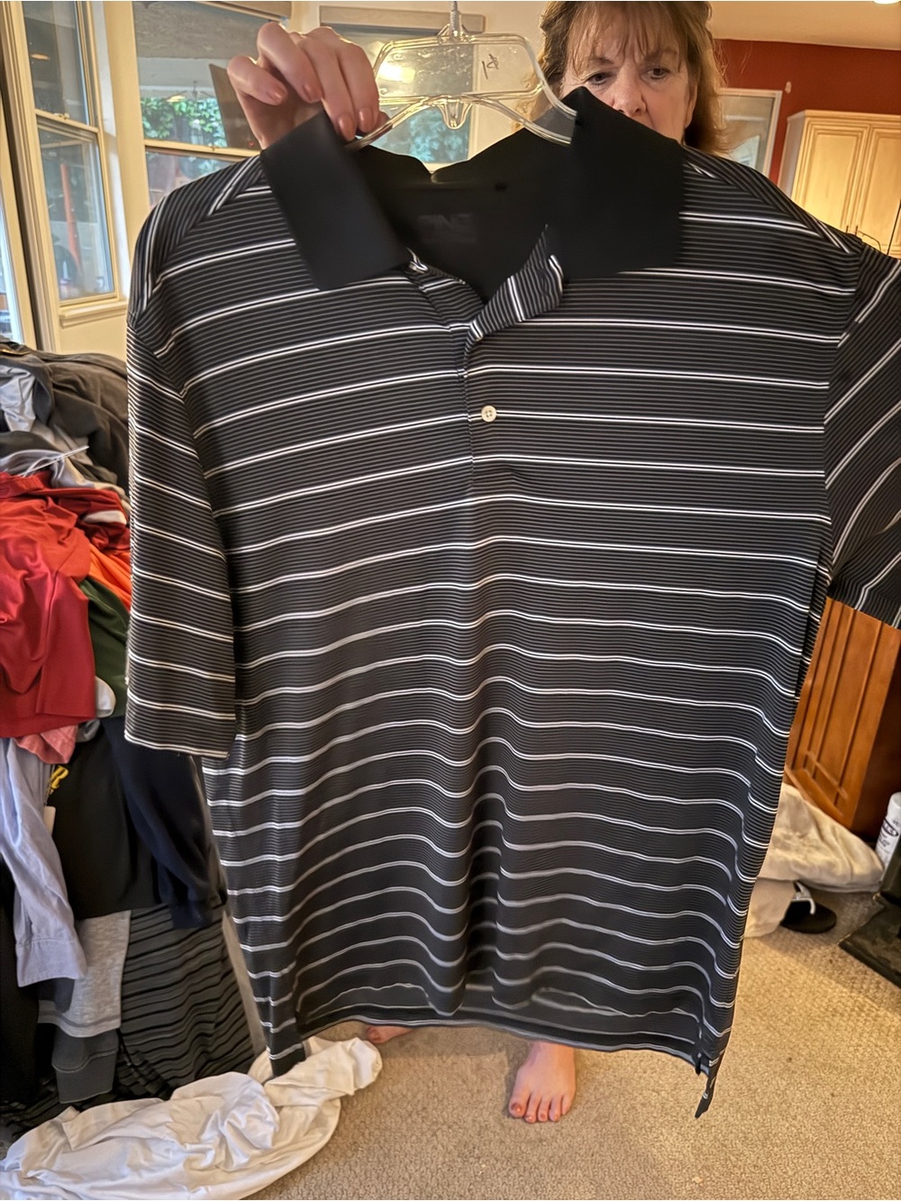 Ping Black Polo with Thin White Stripes